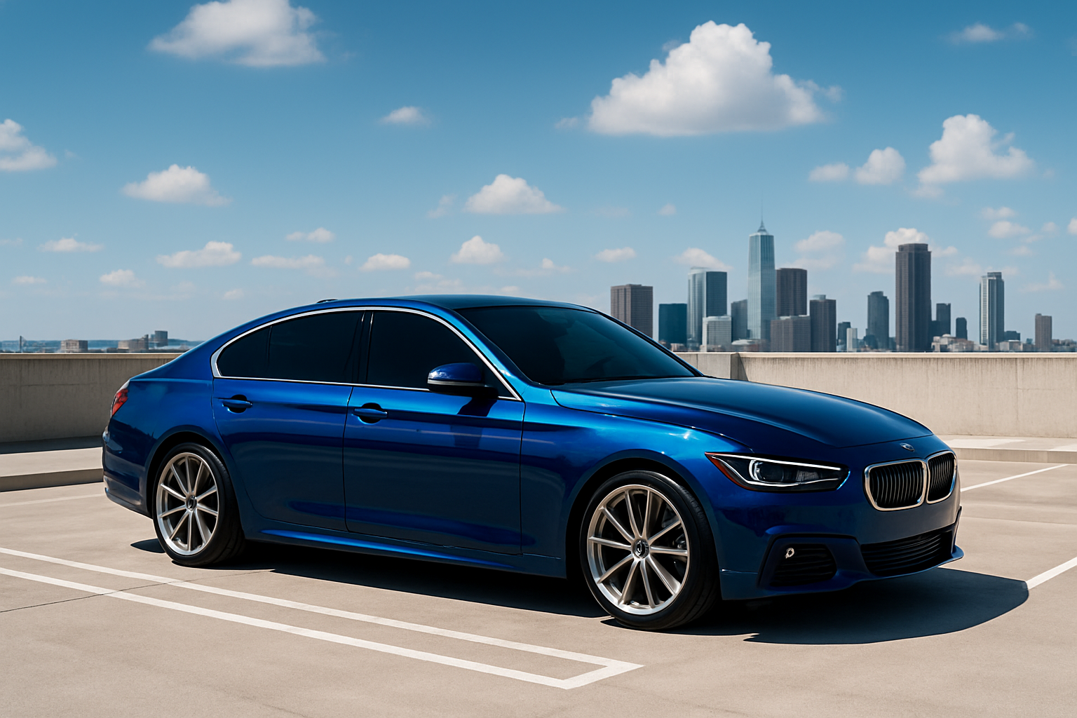 blue luxury sedan with dark windows on a rooftop parking lot during midday sunshine